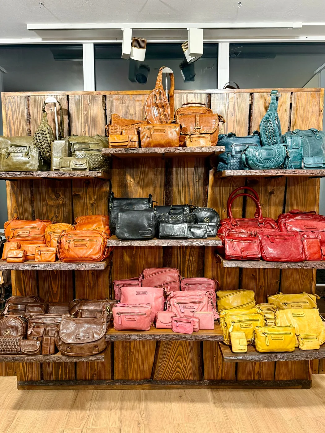 Farbige Ledertaschen im Regal